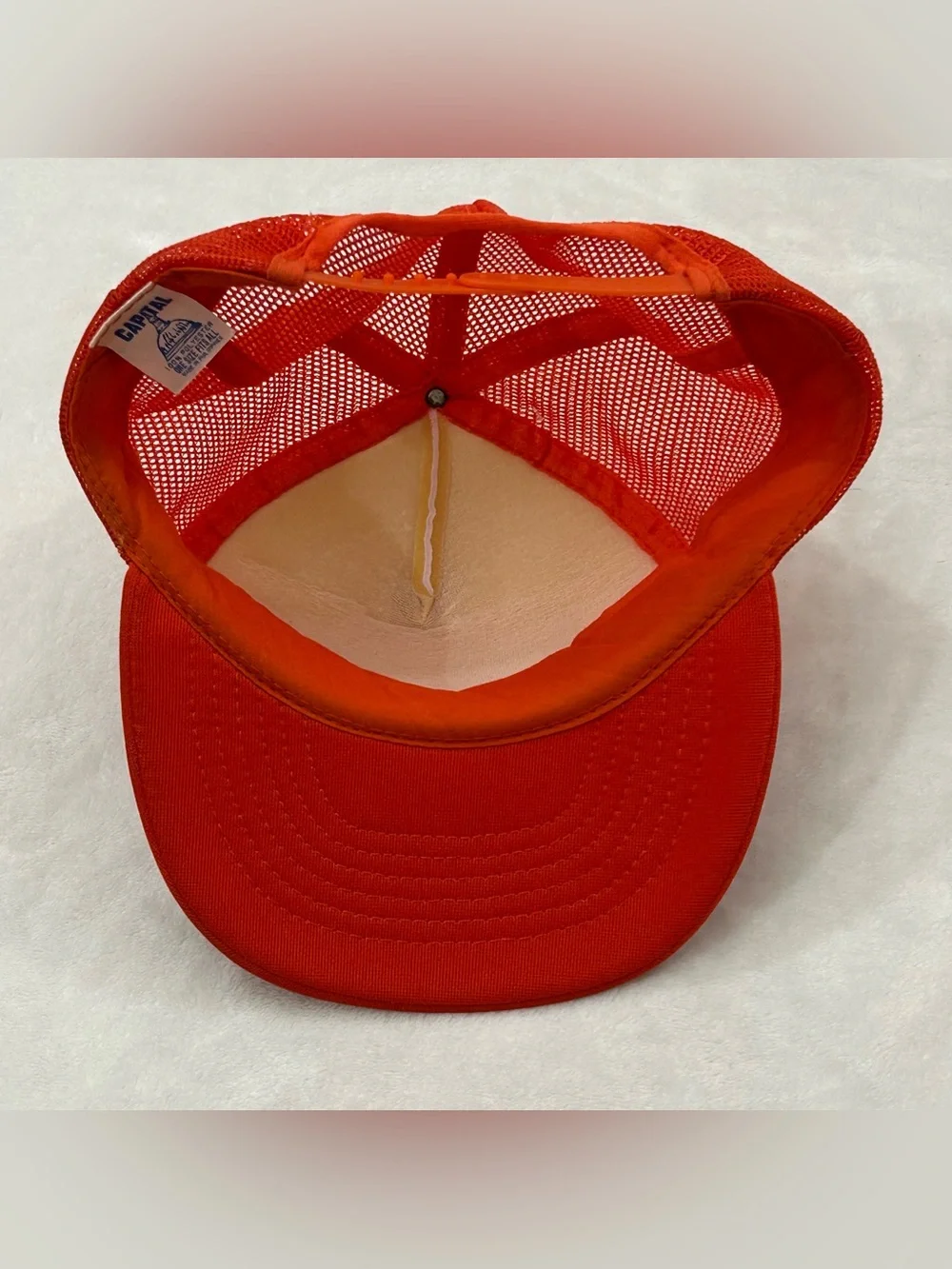 Vintage Capital 80s Rough Neck Cave Man Orange MeshBack SnapBack Trucker Hat Cap